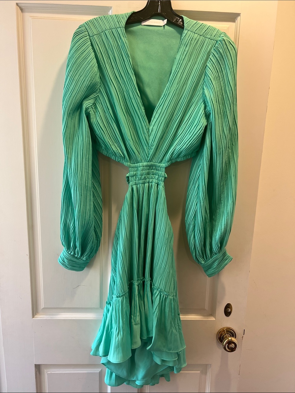 Jonathan Simkhai Seafoam Pleated V-Neck High-Low Dress